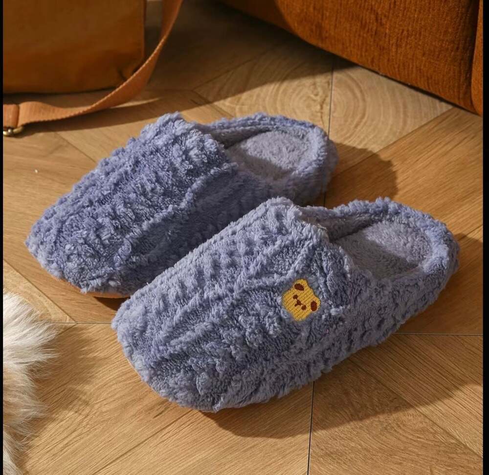 Women's Plush Faux Fur Slip-On House Slippers with Bear Patch Detail